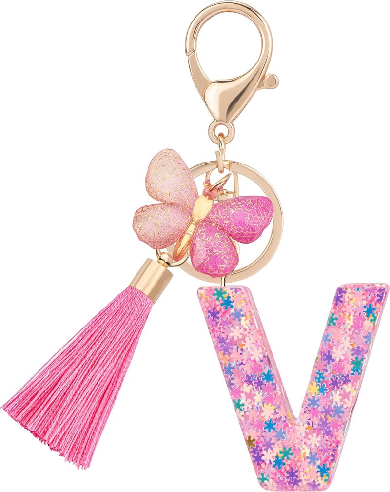 Suweibuke Cute Pink Key Chains for Women Girls, Initial Letter Keychains with Tassel, Charms for Key Purse Handbags Backpacks - Image 1